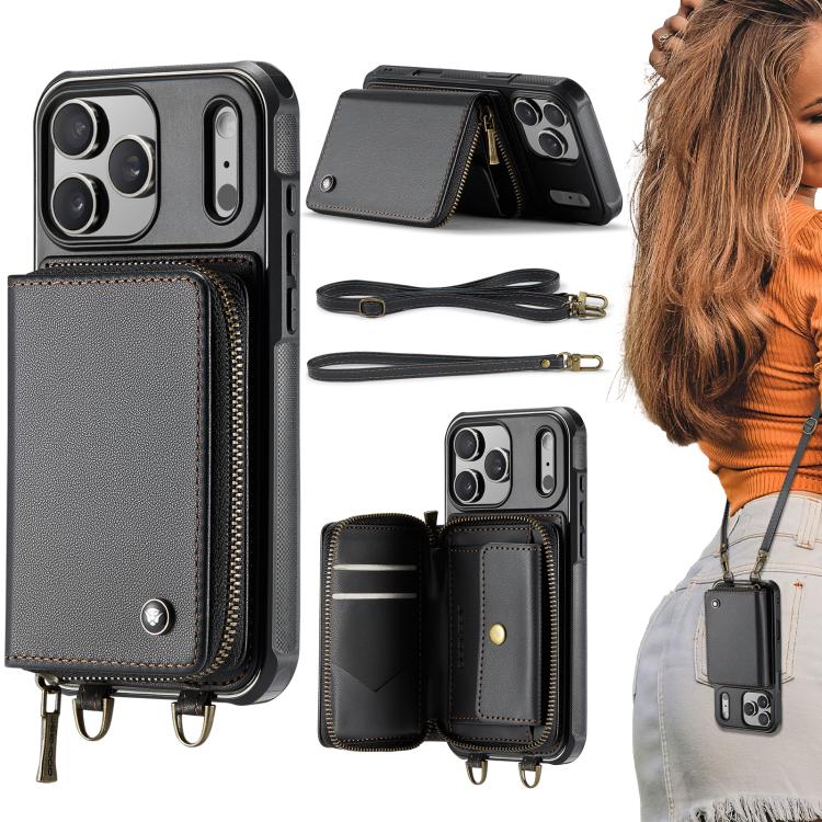 For iPhone 17 Pro Max JEEHOOD C22 Series Zipper Wallet Leather Phone Case with Dual Lanyard(Black)