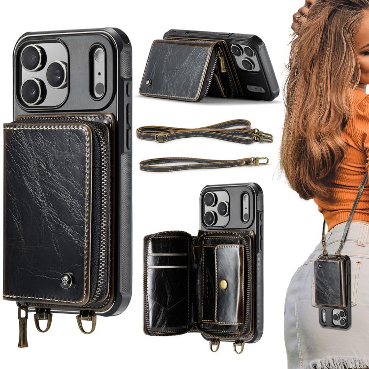 For iPhone 17 Pro Max JEEHOOD C22 Series Zipper Wallet Leather Phone Case with Dual Lanyard(Coffee)
