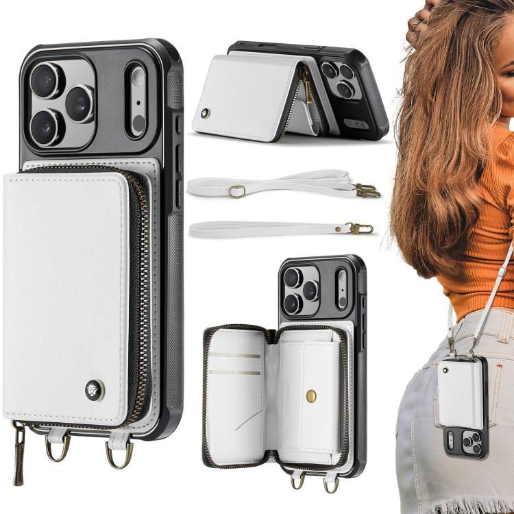 For iPhone 17 Pro Max JEEHOOD C22 Series Zipper Wallet Leather Phone Case with Dual Lanyard(White)