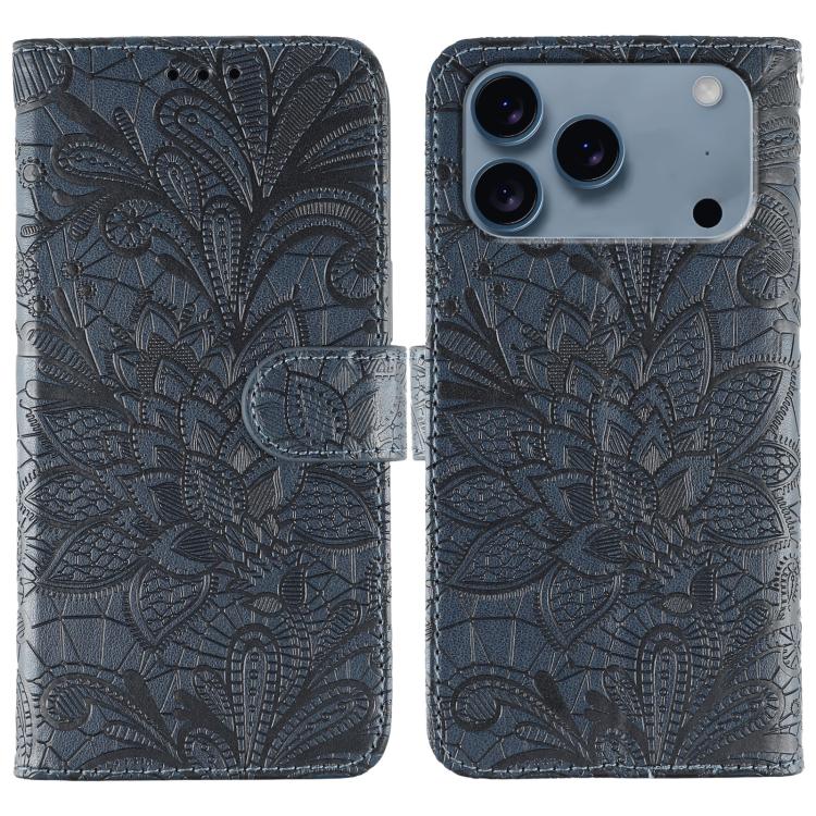 For iPhone 17 Pro Max Lace Flower Embossing Flip Leather Phone Case(Dark Blue)