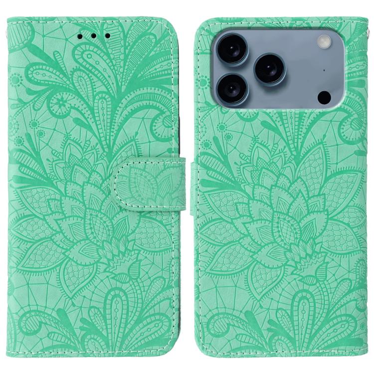 For iPhone 17 Pro Max Lace Flower Embossing Flip Leather Phone Case(Green)