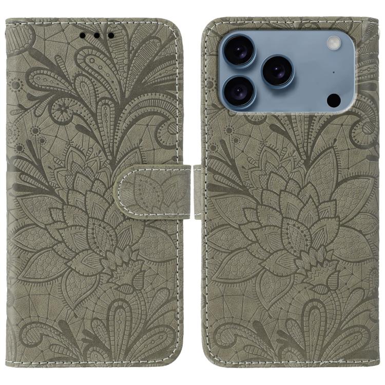 For iPhone 17 Pro Max Lace Flower Embossing Flip Leather Phone Case(Grey)