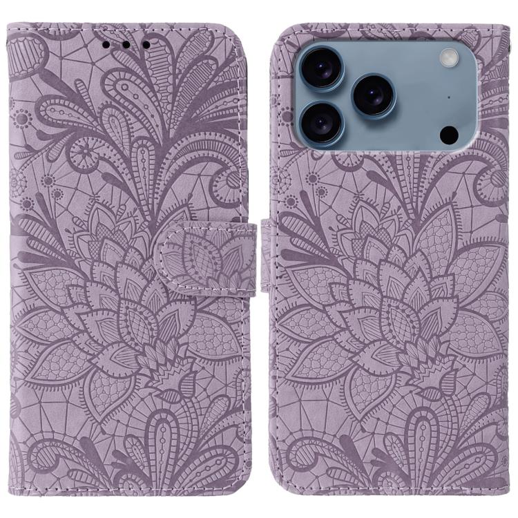 For iPhone 17 Pro Max Lace Flower Embossing Flip Leather Phone Case(Purple)