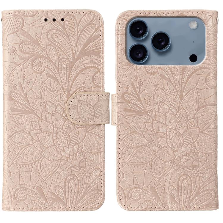 For iPhone 17 Pro Max Lace Flower Embossing Flip Leather Phone Case(Rose Gold)