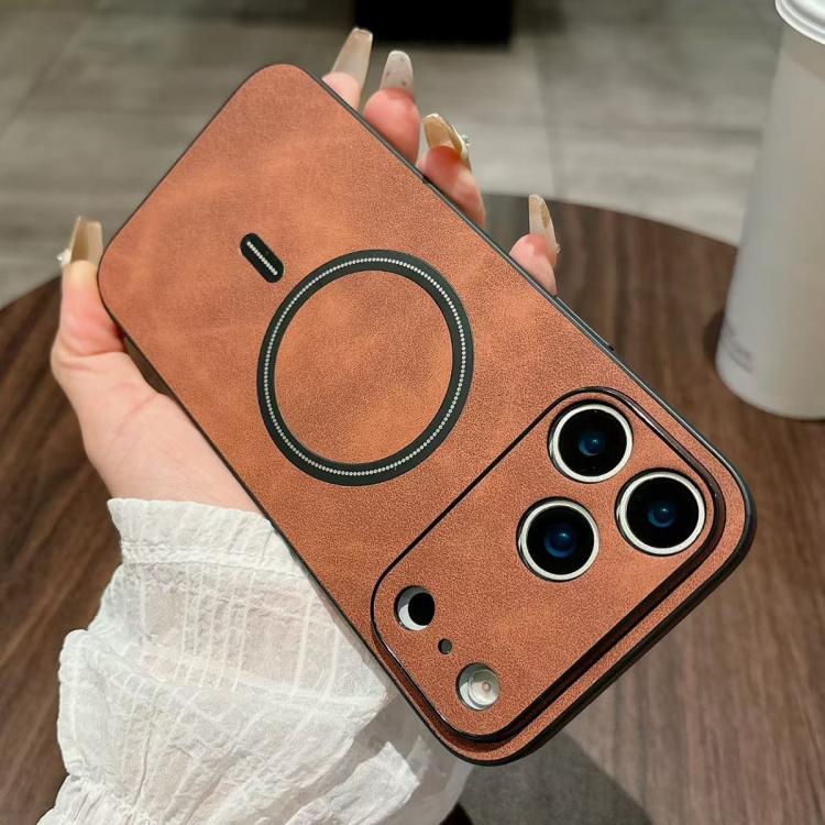 For iPhone 17 Pro Max Lambskin Faux Leather Magnetic Phone Case(Dark Brown)