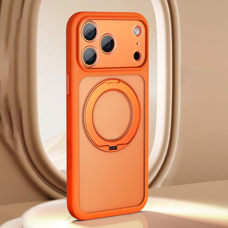 For iPhone 17 Pro Max Large Hole Frosted Skin-Feel Magnetic Holder Phone Case with AI Shutter Button(Orange)