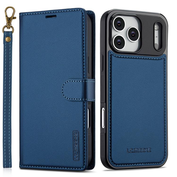 For iPhone 17 Pro Max LC.IMEEKE L2 Series Detachable Magsafe PU Phone Case with Lanyard(Blue)