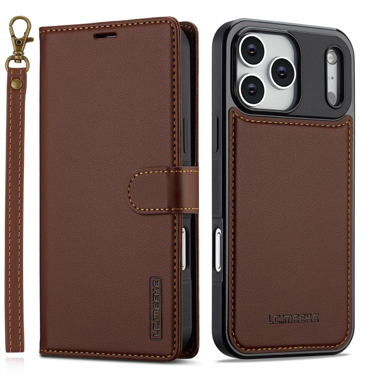 For iPhone 17 Pro Max LC.IMEEKE L2 Series Detachable Magsafe PU Phone Case with Lanyard(Brown)
