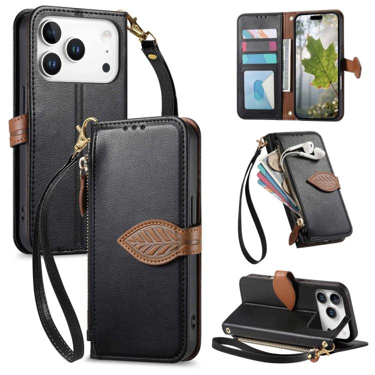 For iPhone 17 Pro Max Leaf Buckle Zipper Wallet Leather Phone Case with Strap(Black)