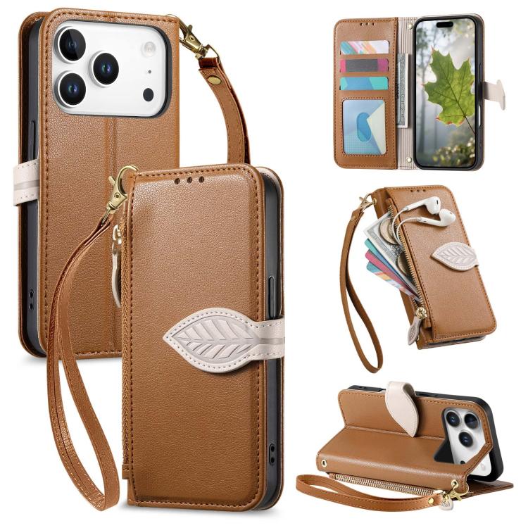 For iPhone 17 Pro Max Leaf Buckle Zipper Wallet Leather Phone Case with Strap(Brown)