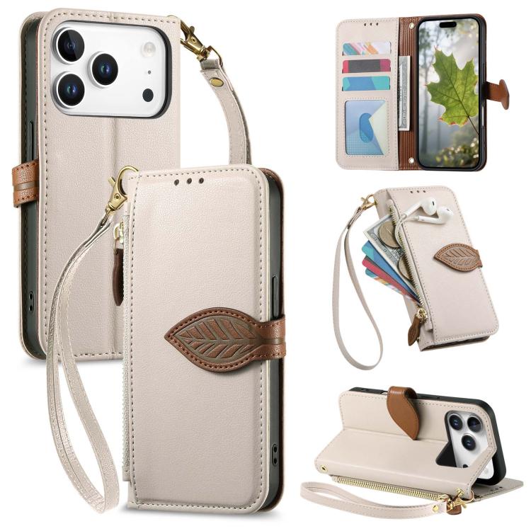 For iPhone 17 Pro Max Leaf Buckle Zipper Wallet Leather Phone Case with Strap(off-white)
