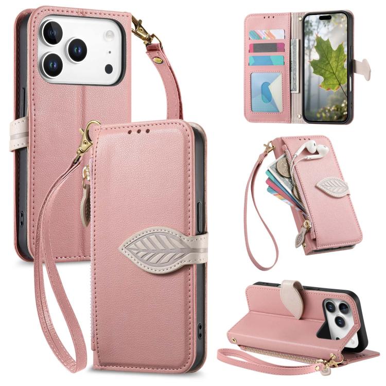 For iPhone 17 Pro Max Leaf Buckle Zipper Wallet Leather Phone Case with Strap(Pink)