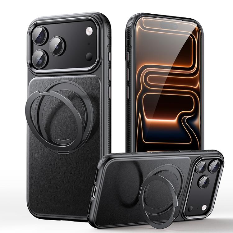 For iPhone 17 Pro Max Leather Texture 360 Degrees Rotating Magnetic Holder Phone Case(Black)