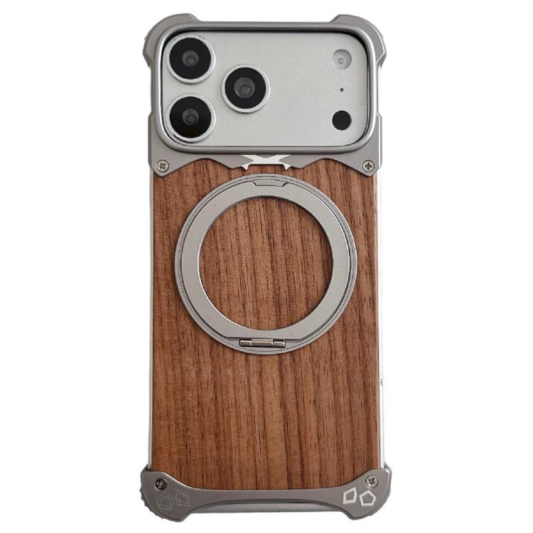 For iPhone 17 Pro Max Leopard Walnut Wood Metal Frameless 360 Rotation Holder Magnetic Phone Case(Titanium Color)