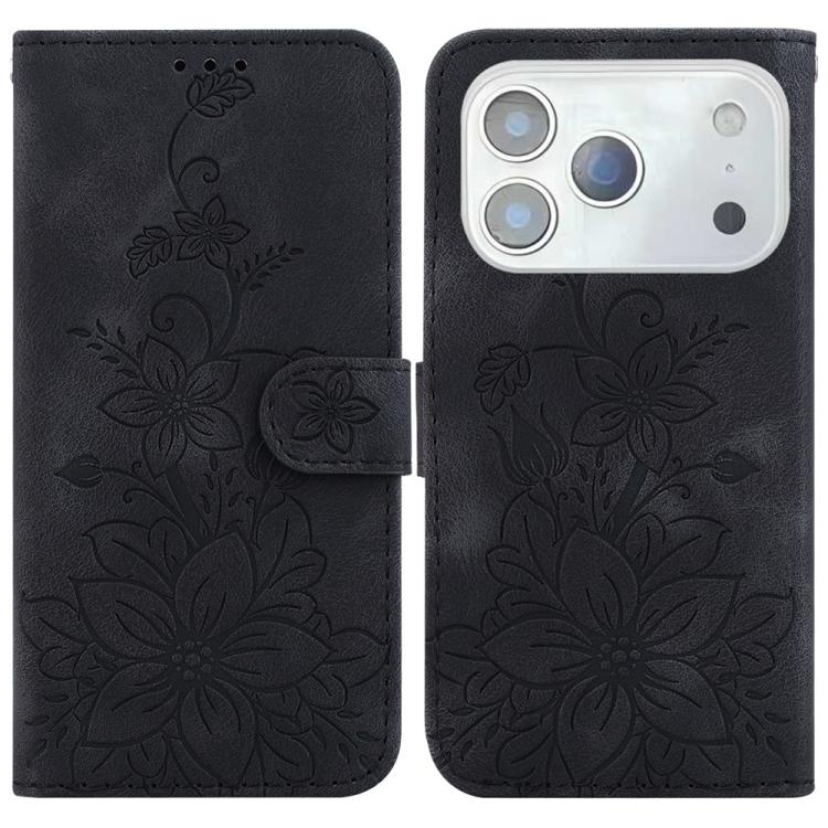 For iPhone 17 Pro Max Lily Embossed Leather Phone Case(Black)