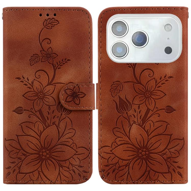 For iPhone 17 Pro Max Lily Embossed Leather Phone Case(Brown)