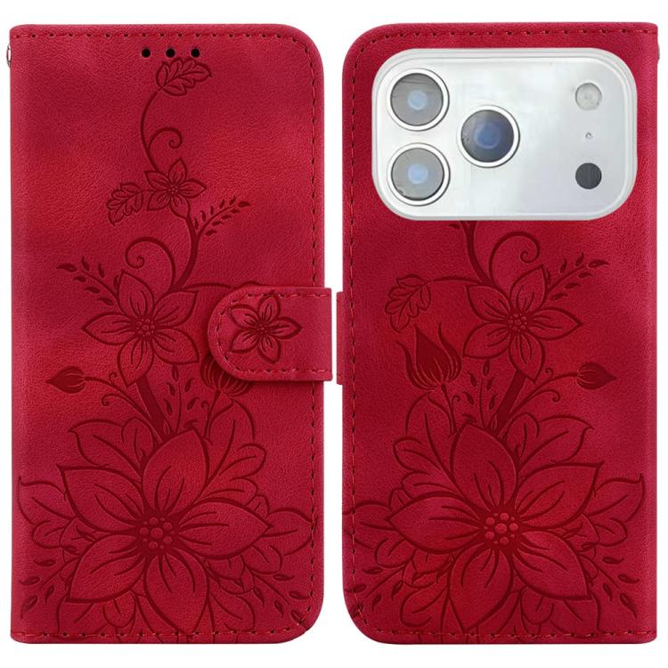 For iPhone 17 Pro Max Lily Embossed Leather Phone Case(Red)