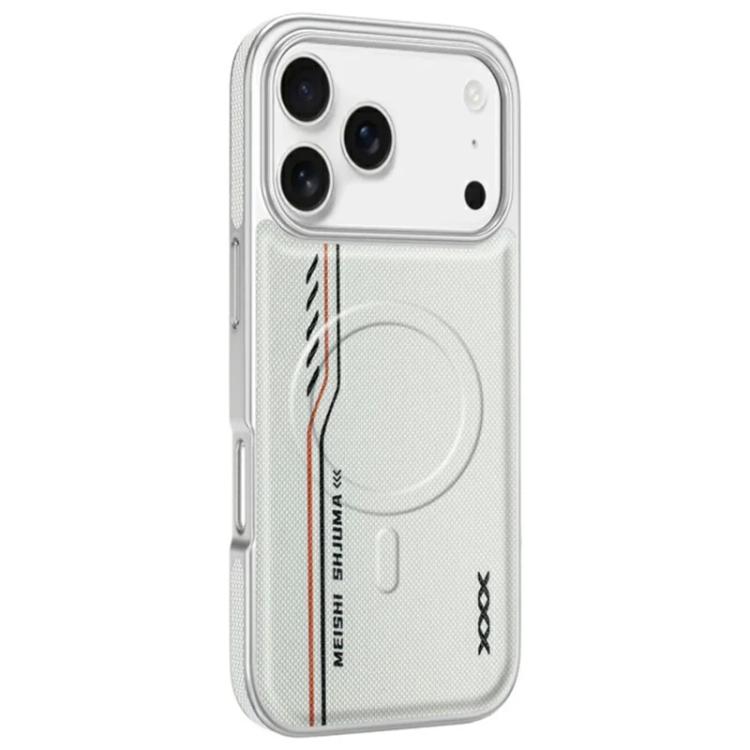 For iPhone 17 Pro Max Line Print Diamond Texture Magnetic Vegan Leather Phone Case(White)