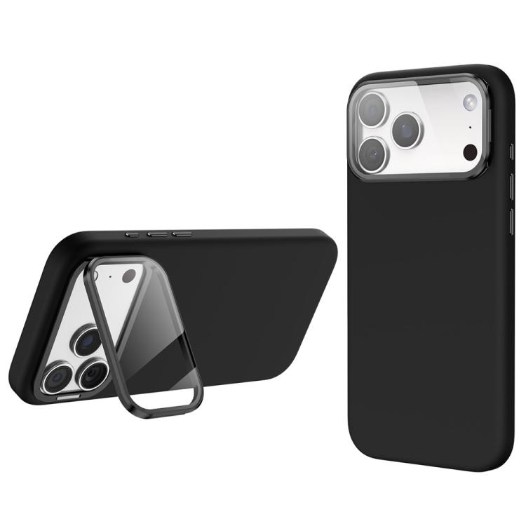 For iPhone 17 Pro Max Liquid Silicone Magnetic Shockproof Phone Case with Lens Cover Kickstand(Black)