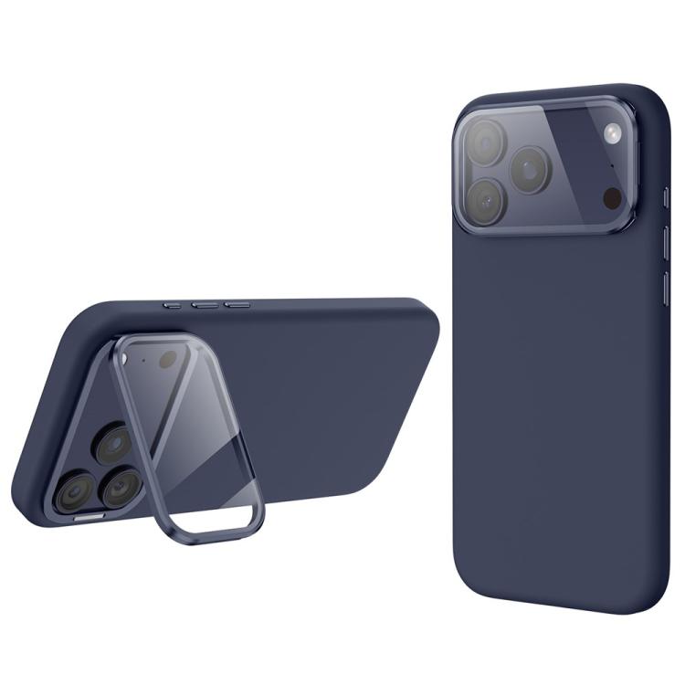 For iPhone 17 Pro Max Liquid Silicone Magnetic Shockproof Phone Case with Lens Cover Kickstand(Blue)