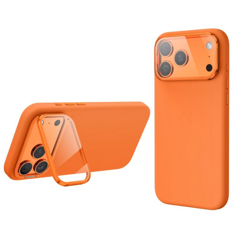 For iPhone 17 Pro Max Liquid Silicone Magnetic Shockproof Phone Case with Lens Cover Kickstand(Orange)