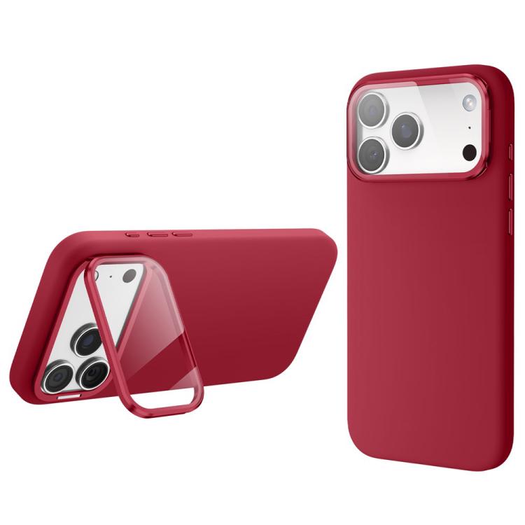 For iPhone 17 Pro Max Liquid Silicone Magnetic Shockproof Phone Case with Lens Cover Kickstand(Red)