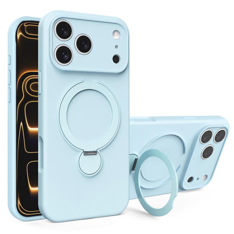 For iPhone 17 Pro Max Liquid Silicone MagSafe Holder Phone Case(Light Blue)