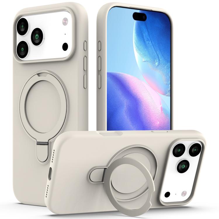 For iPhone 17 Pro Max Liquid Silicone MagSafe Magnetic Phone Case with Ring Holder(Antique White)