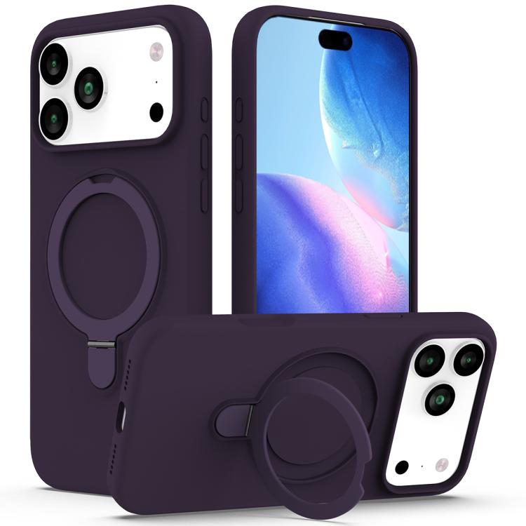 For iPhone 17 Pro Max Liquid Silicone MagSafe Magnetic Phone Case with Ring Holder(Purple)