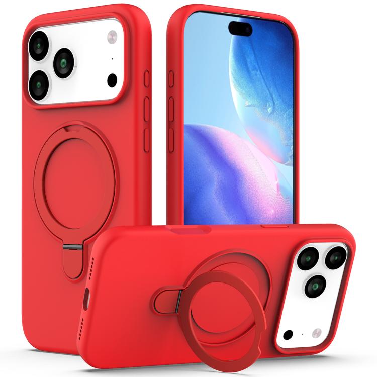 For iPhone 17 Pro Max Liquid Silicone MagSafe Magnetic Phone Case with Ring Holder(Red)
