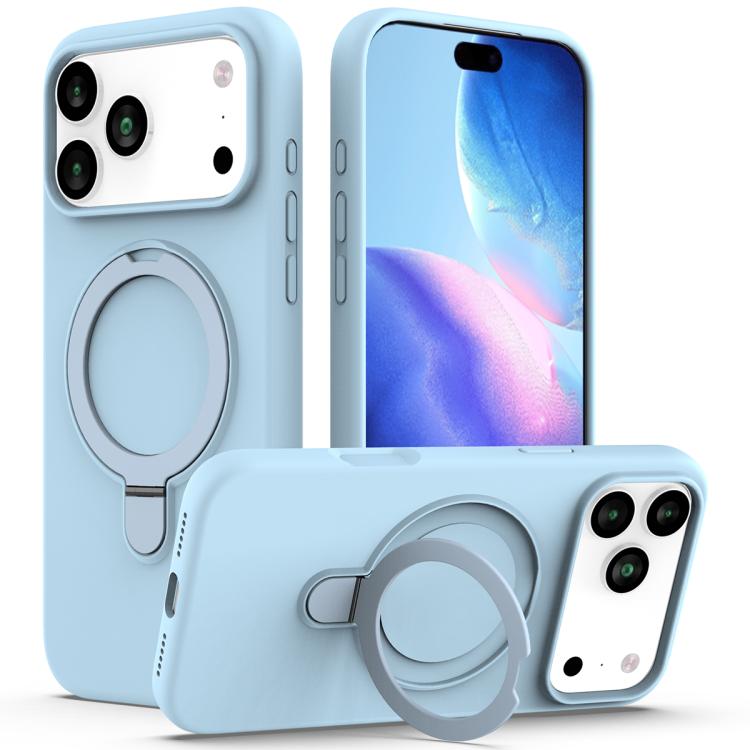 For iPhone 17 Pro Max Liquid Silicone MagSafe Magnetic Phone Case with Ring Holder(Sky Blue)