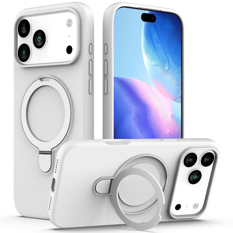 For iPhone 17 Pro Max Liquid Silicone MagSafe Magnetic Phone Case with Ring Holder(White)