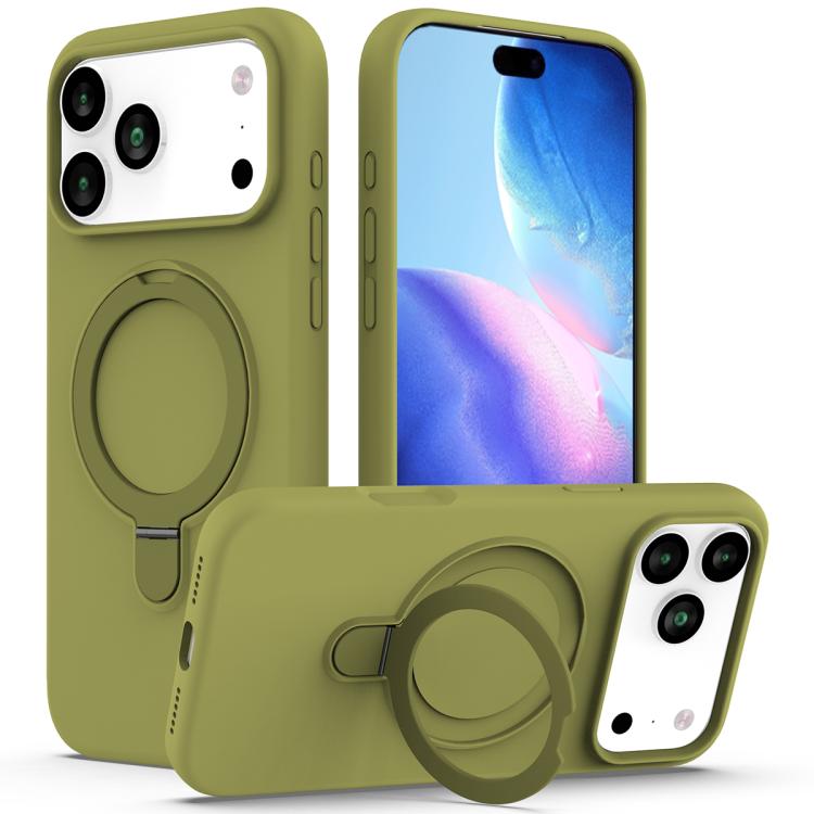 For iPhone 17 Pro Max Liquid Silicone MagSafe Magnetic Phone Case with Ring Holder(Willow Green)