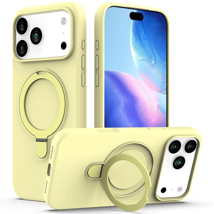 For iPhone 17 Pro Max Liquid Silicone MagSafe Magnetic Phone Case with Ring Holder(Yellow)