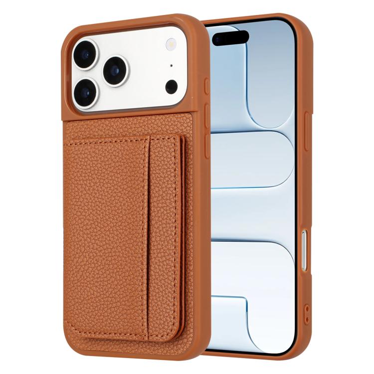 For iPhone 17 Pro Max Litchi Pattern Magnetic Card Bag Holder Phone Case(Brown)