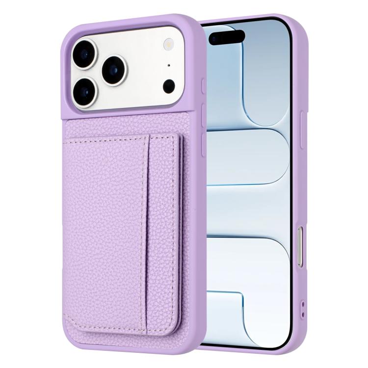 For iPhone 17 Pro Max Litchi Pattern Magnetic Card Bag Holder Phone Case(Purple)