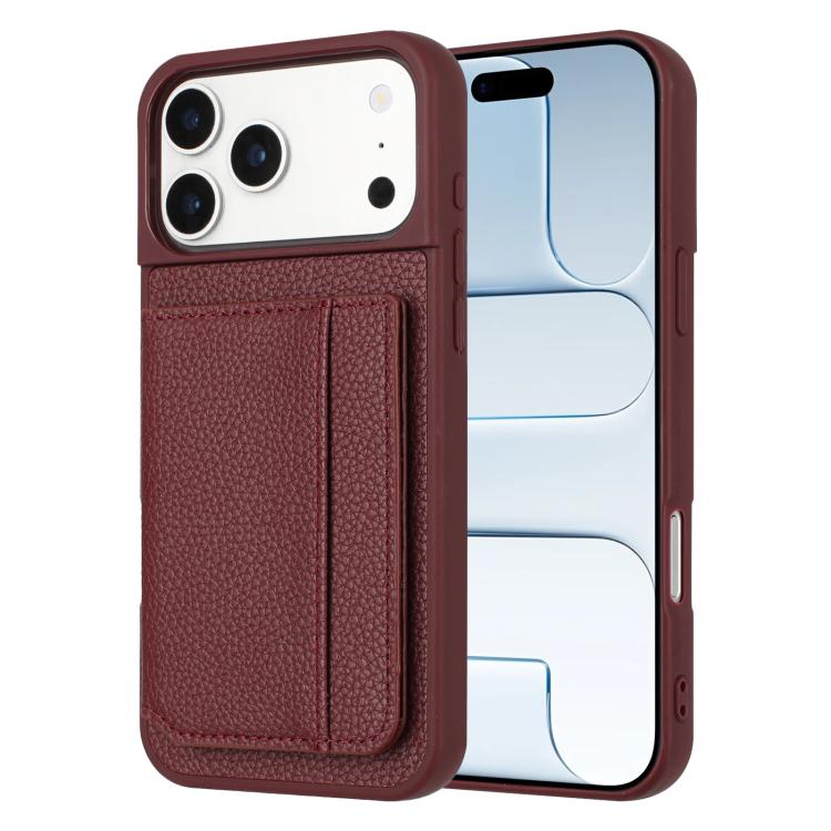 For iPhone 17 Pro Max Litchi Pattern Magnetic Card Bag Holder Phone Case(Wine Red)