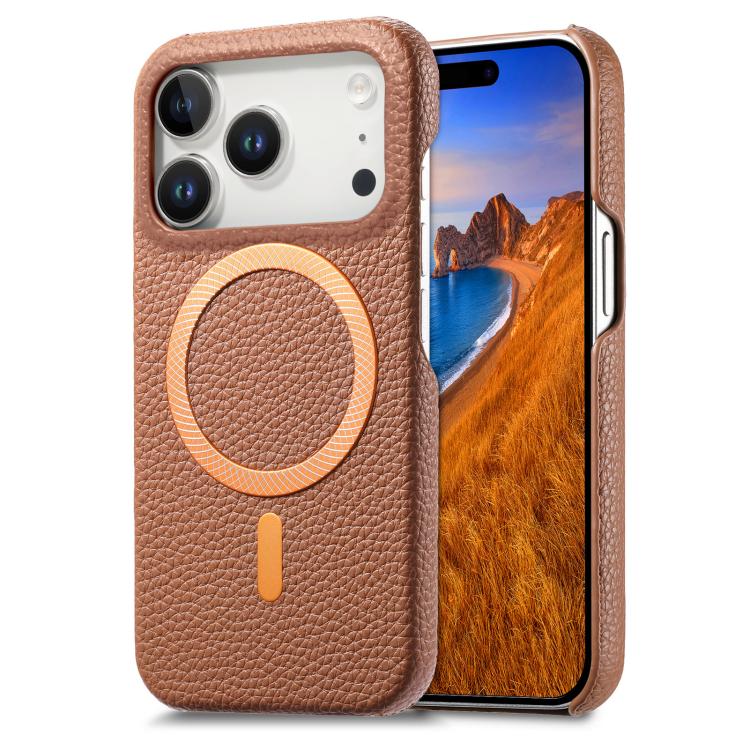 For iPhone 17 Pro Max Litchi Texture Brushed MagSafe PU Back Cover Phone Case(Brown)