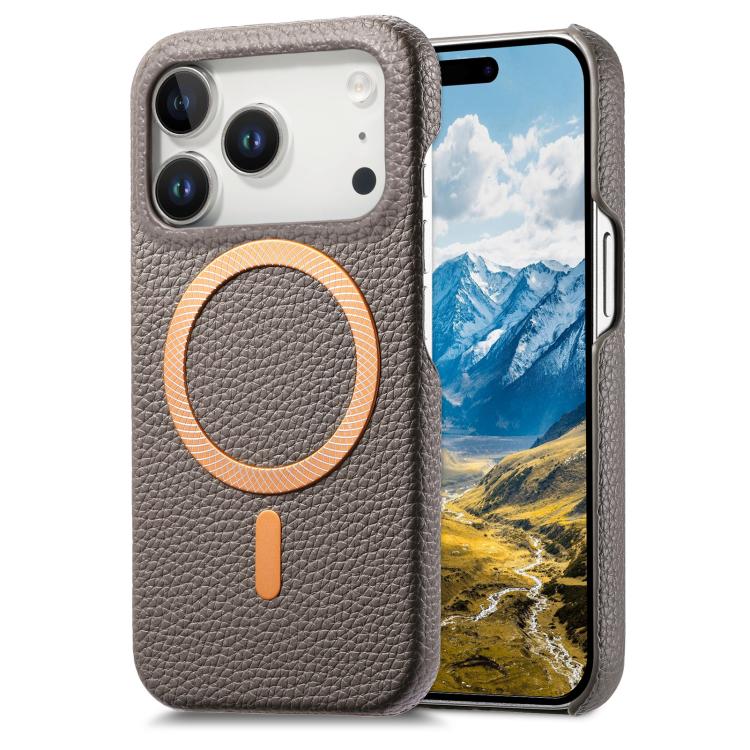 For iPhone 17 Pro Max Litchi Texture Brushed MagSafe PU Back Cover Phone Case(Gray)