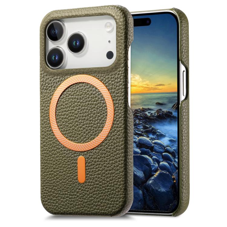 For iPhone 17 Pro Max Litchi Texture Brushed MagSafe PU Back Cover Phone Case(Green)