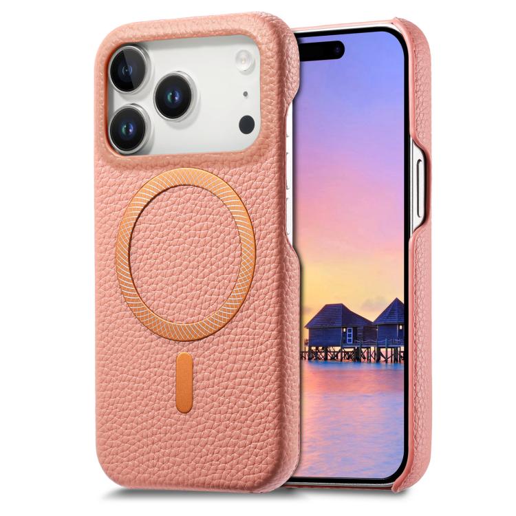 For iPhone 17 Pro Max Litchi Texture Brushed MagSafe PU Back Cover Phone Case(Pink)