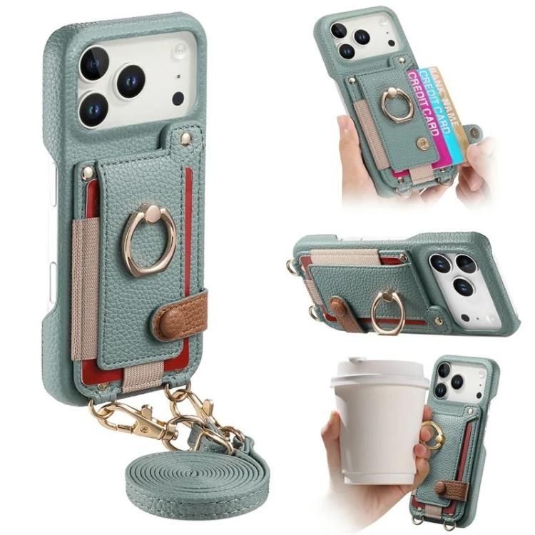 For iPhone 17 Pro Max Litchi Texture Card Bag Ring Holder Vegan Leather + PC Phone Case with Shoulder Strap(Blue)
