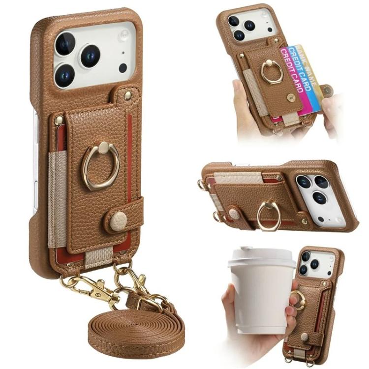 For iPhone 17 Pro Max Litchi Texture Card Bag Ring Holder Vegan Leather + PC Phone Case with Shoulder Strap(Brown)