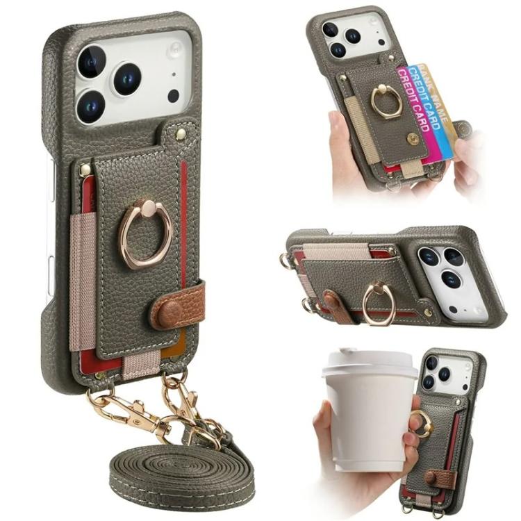 For iPhone 17 Pro Max Litchi Texture Card Bag Ring Holder Vegan Leather + PC Phone Case with Shoulder Strap(Gray)