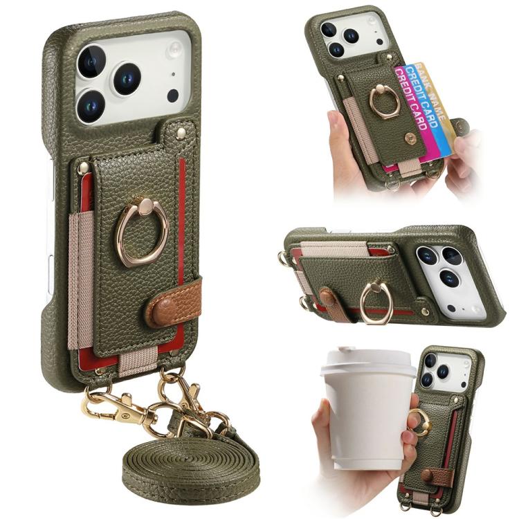 For iPhone 17 Pro Max Litchi Texture Card Bag Ring Holder Vegan Leather + PC Phone Case with Shoulder Strap(Midnight Green)