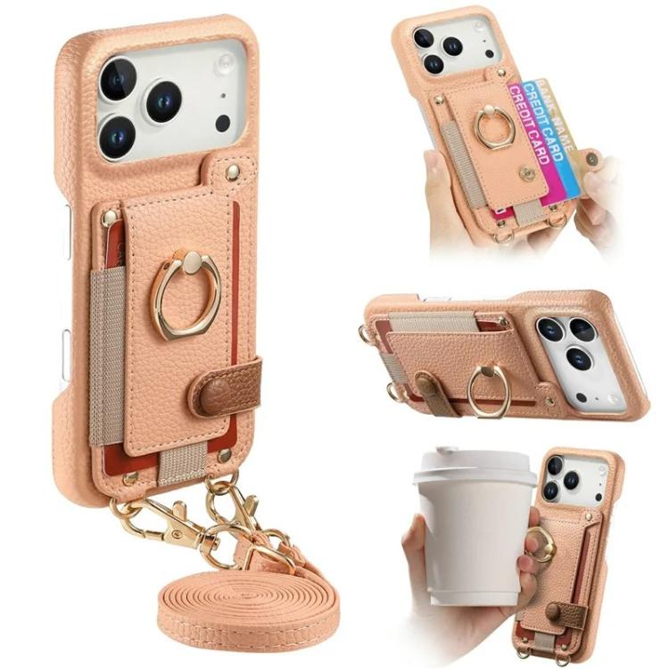 For iPhone 17 Pro Max Litchi Texture Card Bag Ring Holder Vegan Leather + PC Phone Case with Shoulder Strap(Pink)