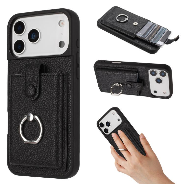 For iPhone 17 Pro Max Litchi Texture Drawing Card Bag Ring Holder Phone Case(Black)