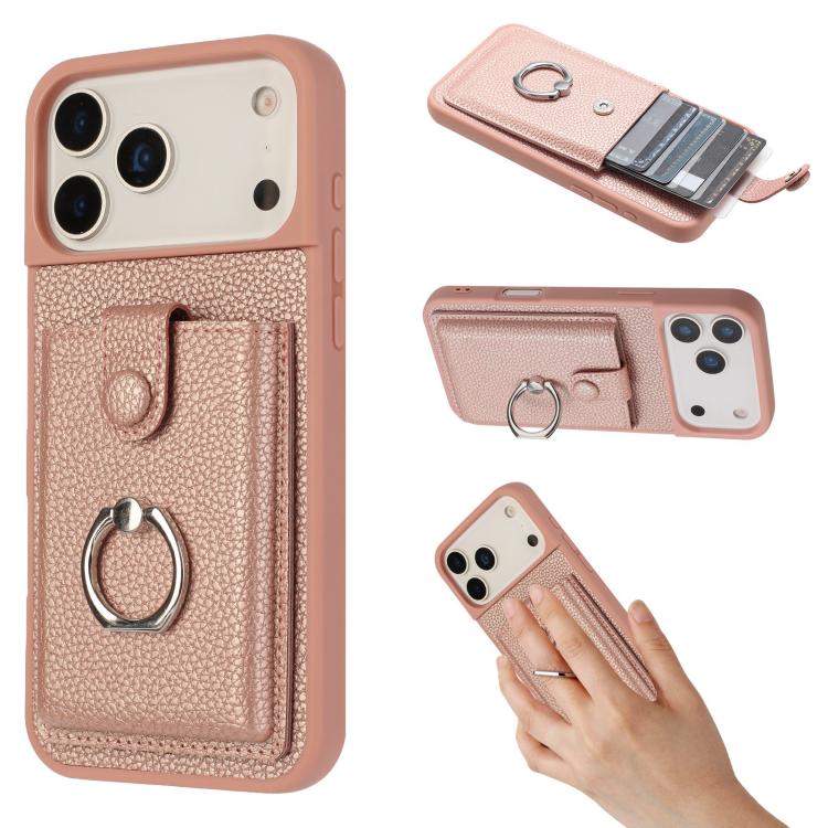 For iPhone 17 Pro Max Litchi Texture Drawing Card Bag Ring Holder Phone Case(Rose Gold)