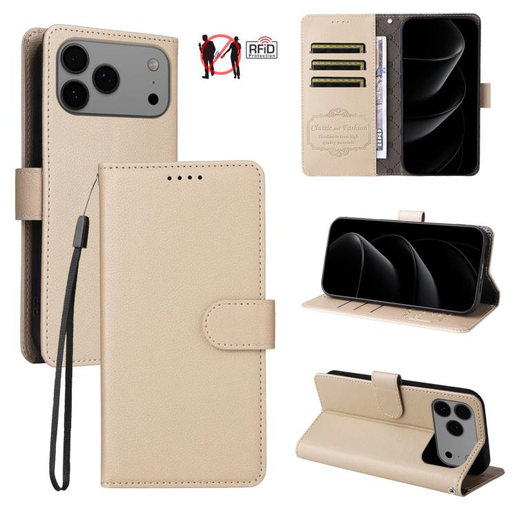 For iPhone 17 Pro Max Litchi Texture RFID Blocking 3-Card Wallet Leather Phone Case(Beige)