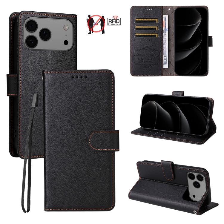 For iPhone 17 Pro Max Litchi Texture RFID Blocking 3-Card Wallet Leather Phone Case(Black)